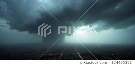 A huge destructive storm is approaching a city and threatens to cause considerable damage and endanger human life 124465391