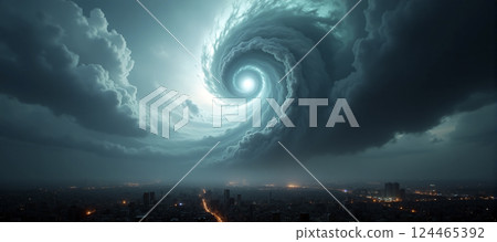 A huge destructive storm is approaching a city and threatens to cause considerable damage and endanger human life 124465392