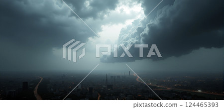 A huge destructive storm is approaching a city and threatens to cause considerable damage and endanger human life 124465393
