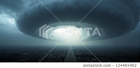 A huge destructive storm is approaching a city and threatens to cause considerable damage and endanger human life 124465402