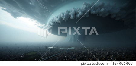A huge destructive storm is approaching a city and threatens to cause considerable damage and endanger human life 124465403