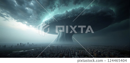A huge destructive storm is approaching a city and threatens to cause considerable damage and endanger human life 124465404