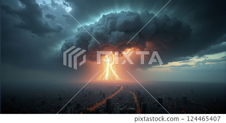 A huge destructive storm is approaching a city and threatens to cause considerable damage and endanger human life 124465407