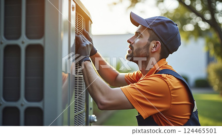 Heating, Ventilation and Air Conditioning technician checks and repairs a hvac system for faults and malfunctions and sets it up Heating, Ventilation and Air Conditioning technician checks and repairs a hvac system for faults and malfunctions and sets it up 124465501