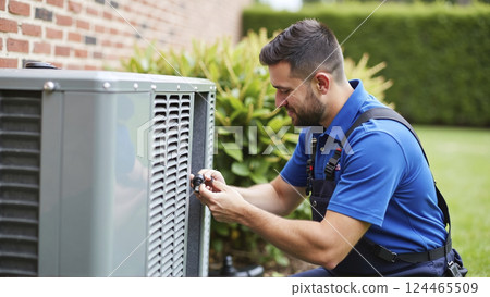 Heating, Ventilation and Air Conditioning technician checks and repairs a hvac system for faults and malfunctions and sets it up Heating, Ventilation and Air Conditioning technician checks and repairs a hvac system for faults and malfunctions and sets it up 124465509