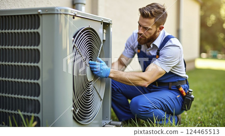 Heating, Ventilation and Air Conditioning technician checks and repairs a hvac system for faults and malfunctions and sets it up Heating, Ventilation and Air Conditioning technician checks and repairs a hvac system for faults and malfunctions and sets it up 124465513