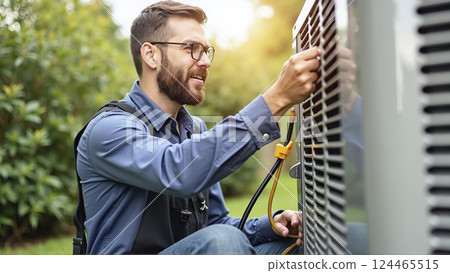 Heating, Ventilation and Air Conditioning technician checks and repairs a hvac system for faults and malfunctions and sets it up Heating, Ventilation and Air Conditioning technician checks and repairs a hvac system for faults and malfunctions and sets it up 124465515