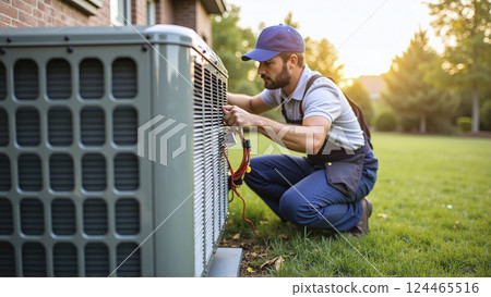 Heating, Ventilation and Air Conditioning technician checks and repairs a hvac system for faults and malfunctions and sets it up 124465516
