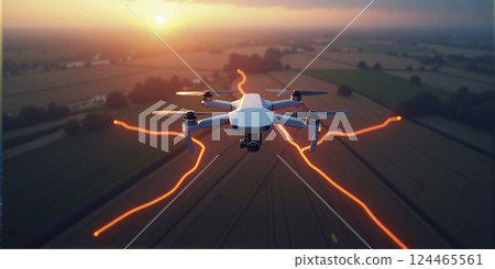 Illustrative representation of a given route and survey lines and approach points of an unmanned drone, monitoring, reconnaissance of the condition of agricultural land and nature 124465561