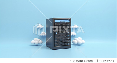 Illustrative representation of a data server or cloud storage surrounded by clouds, cloud computing and external data storage 124465624