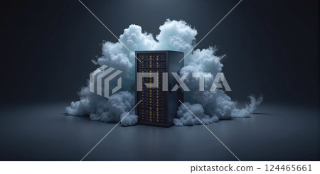 Illustrative representation of a data server or cloud storage surrounded by clouds, cloud computing and external data storage 124465661