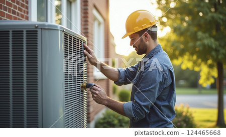 Heating, Ventilation and Air Conditioning technician checks and repairs a hvac system for faults and malfunctions and sets it up Heating, Ventilation and Air Conditioning technician checks and repairs a hvac system for faults and malfunctions and sets it up 124465668