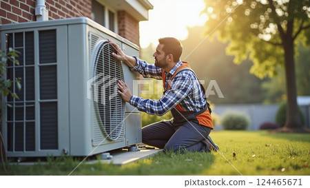 Heating, Ventilation and Air Conditioning technician checks and repairs a hvac system for faults and malfunctions and sets it up Heating, Ventilation and Air Conditioning technician checks and repairs a hvac system for faults and malfunctions and sets it up 124465671