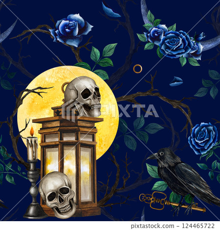 Skulls with large full moon, vintage lantern and candelabrum, blue roses and dry branches. Seamless pattern watercolor illustration. Gothic style, Halloween and Day of the Dead isolated on background 124465722