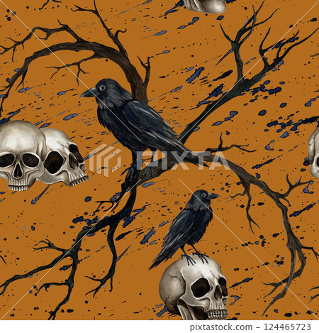 Skulls and ravens with dry branches seamless pattern. Illustration isolated on orange background with black watercolor splatters. Gothic style and Halloween for textile, packaging, wrapping paper Skulls and ravens with dry branches seamless pattern. Illustration isolated on orange background with black watercolor splatters. Gothic style and Halloween for textile, packaging, wrapping paper 124465723