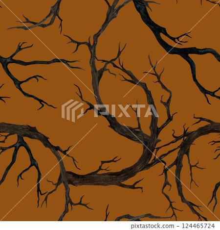 Dark brown dry branches without leaves seamless pattern. Isolated watercolor illustration on orange background. Dry curved ramification hand drawn for Gothic and Halloween Holiday print product 124465724