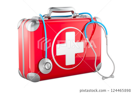 First Aid Kit with Stethoscope, 3D rendering 124465898