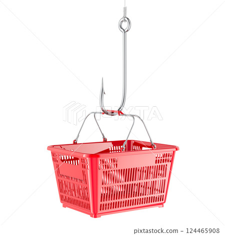 Shopping basket on the fishing hook, 3D rendering Shopping basket on the fishing hook, 3D rendering 124465908