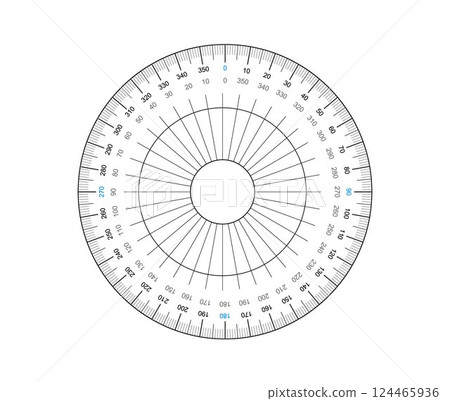 Round protractors degrees measure scale isolated on the white background Round protractors degrees measure scale isolated on the white background 124465936