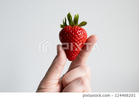 Hand holding ripe red strawberry against light background Hand holding ripe red strawberry against light background 124466201