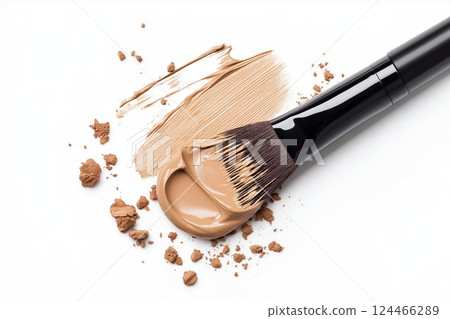 Makeup brush with creamy foundation and powder smeared on a white background 124466289