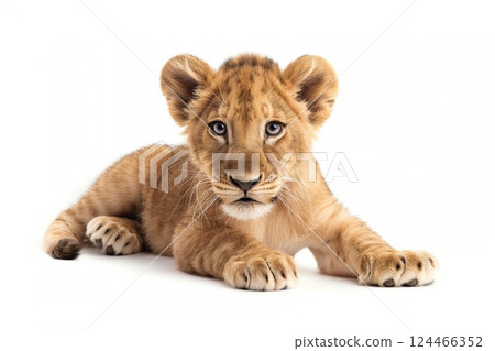 A cute lion cub lying down and looking directly at the camera 124466352