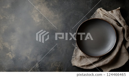 Dark ceramic plate with soft gradient glaze on wrinkled linen cloth, moody black backdrop 124466465