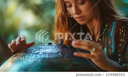 A young woman with long hair plays a handpan drum, deeply focused, surrounded by soft green nature in a tranquil atmosphere 124466501