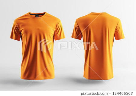 Orange T-shirt mockup with front and back view on a white background 124466507
