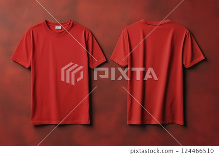 Red t-shirt displayed from front and back on red wall Red t-shirt displayed from front and back on red wall 124466510