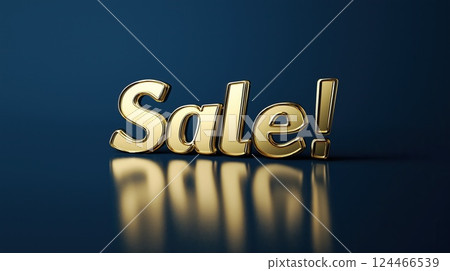 A glossy gold "Sale" text with a reflection on a dark blue background in a minimalist style 124466539