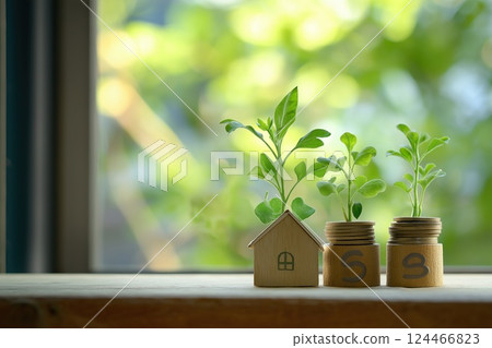 A small wooden house model and stacks of coins with green sprouts growing from them, placed on a wooden surface with a blurred green background A small wooden house model and stacks of coins with green sprouts growing from them, placed on a wooden surface with a blurred green background 124466823