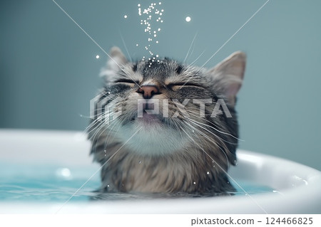 Wet tabby cat enjoying bath with eyes closed under falling drops in soft blue light Wet tabby cat enjoying bath with eyes closed under falling drops in soft blue light 124466825
