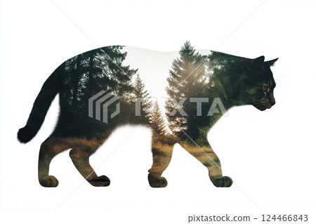 A walking cat with trees integrated into its body, blending domestic and wild elements 124466843