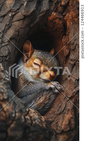 A sleeping squirrel curled up in a hollow tree, nestled in a cozy spot with soft lighting highlighting its fur and natural textures. 124466913