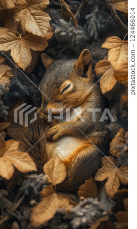 A sleeping squirrel curled up in a hollow tree, nestled in a cozy spot with soft lighting highlighting its fur and natural textures. 124466914