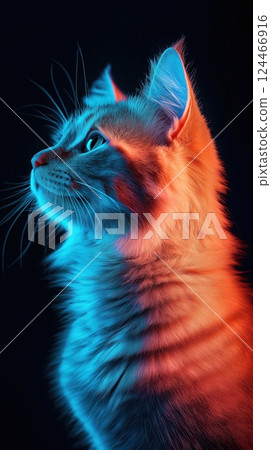 Portrait of a beautiful cat on a black background in neon light. 124466916