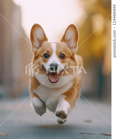 Cute happy dog playing and running outdoors facing the camera 124466949