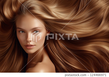 A young woman with long, voluminous, silky golden-brown hair poses gracefully with a glowing complexion 124466971