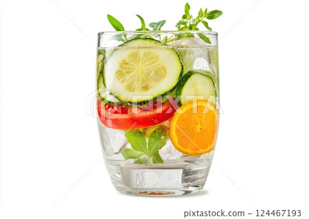 A glass of infused water with lemon, cucumber, tomato, and orange slices, placed on a white background 124467193