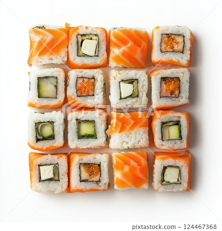 A symmetrical arrangement of salmon sushi rolls with various fillings, isolated on a white background A symmetrical arrangement of salmon sushi rolls with various fillings, isolated on a white background 124467368