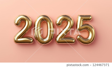 Golden foil balloons forming the number 2025 against a light coral background, symbolizing celebration 124467371