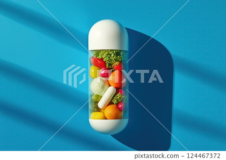 A large transparent pill with fresh fruits, vegetables, and a white supplement inside, set against a blue wall with shadows A large transparent pill with fresh fruits, vegetables, and a white supplement inside, set against a blue wall with shadows 124467372