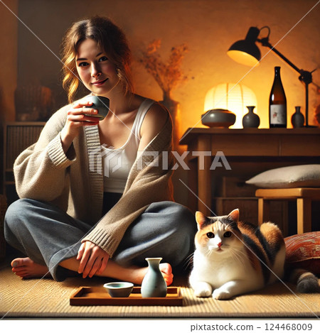 一名女子與一隻貓一起喝酒 124468009