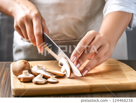 Image of a housewife slicing mushrooms Image of a housewife slicing mushrooms 124468238