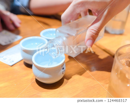 A moment of sharing a cup of sake and the warmth of it 124468317