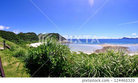 Okinawa Prefecture Tokashiki Island Aharen Cape Ocean view from the park parking lot 124468320