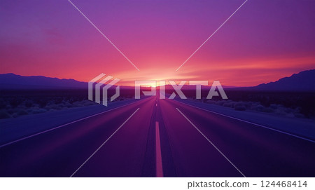 筆直的道路通往日落天空和夢幻般的風景 124468414