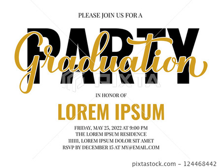 Graduation party invitation card. Graduation celebration announcement. Grad party invite. Vector template. Graduation party invitation card. Graduation celebration announcement. Grad party invite. Vector template. 124468442