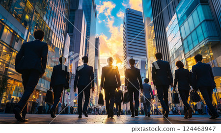 Back view of Japanese business people walking through the city at dusk 124468947
